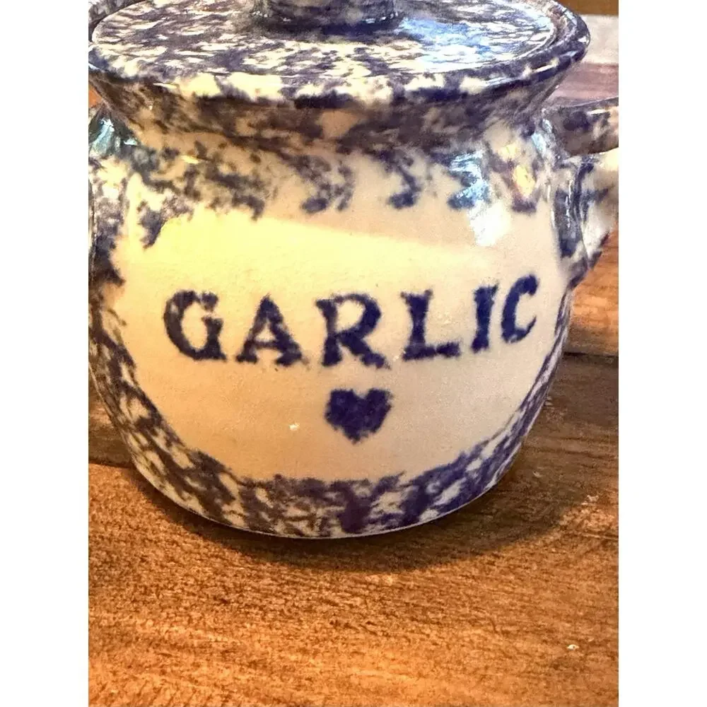 Vintage Hand Made Stoneware GARLIC KEEPER Jar Blue White Artist Signed 3820/68